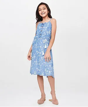 Global Desi Girl Flower Print Sleeveless Dress - Blue