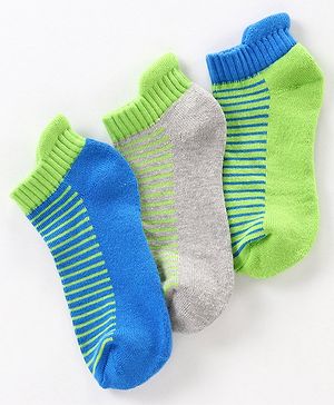 Pine Kids Anti Microbial Ankle Length Socks Striped Design with Anti Microbial Finish Pack of 3 - Green Blue Grey