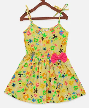 Lilpicks Couture Sleeveless Flower Printed Bow Flared Dress - Yellow