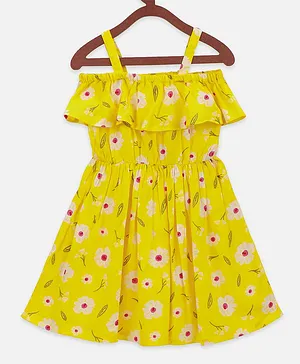 Lilpicks Couture Off Shoulder Half Sleeves Flower Printed Flared Dress - Yellow