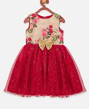 Lilpicks Couture Sleeveless Flowers Print Shimmery Bow Detailed Netted Flared Dress - Maroon