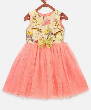 Lilpicks Couture Sleeveless Floral Printed Shimmery Netted Tulle Dress - Peach