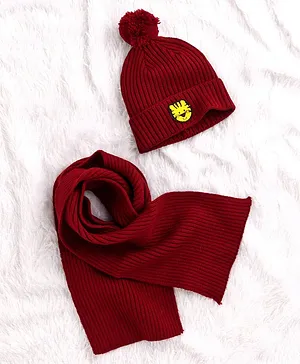 Babyhug Woolen Cap & Muffler Set Tiger Patch Maroon -  Diameter 10.5 cm