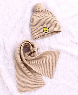 Babyhug Woolen Cap & Muffler Set Tiger Patch Beige -  Diameter 10.5 cm