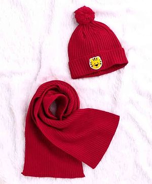 Babyhug Woolen Cap & Muffler Set Tiger Patch Red - Diameter 11.5 cm - 2-6Y Red