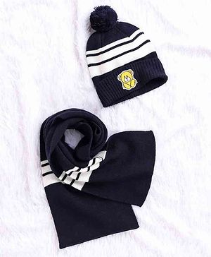 Babyhug Woollen Cap With Muffler Navy - Diameter 10.5 cm - NB Blue