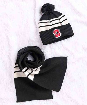 Babyhug Woollen Cap With Muffler Black - Diameter 10.5 cm