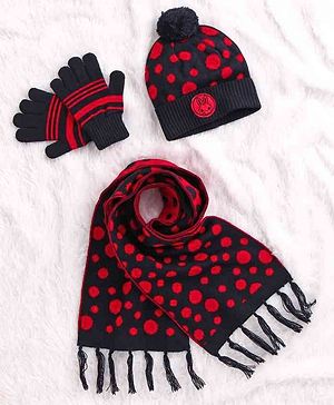 Babyhug Woollen Cap Set Polka Dot Design Navy & Red - Diameter 10 cm