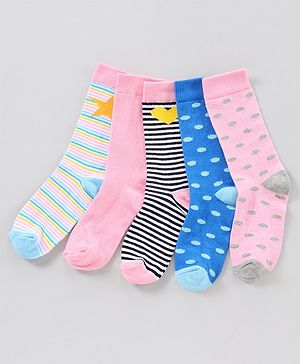 Pine Kids Mid Calf Length Anti-Microbial Socks Pack of 5 - Pink Blue