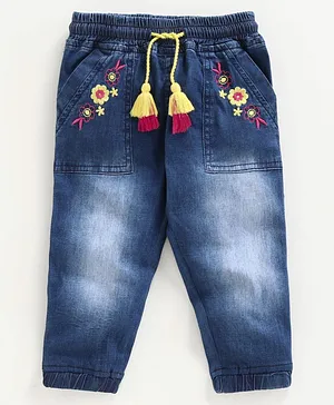 Babyoye Full Length Denim Jogger Jeans Floral Embroidery - Blue