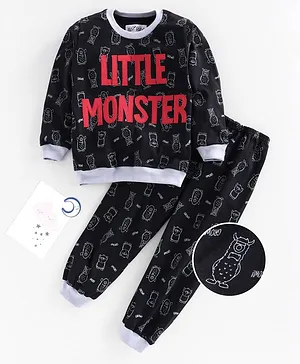 Nite Flite Little Monster Print Full Sleeves Night Suit - Navy Blue