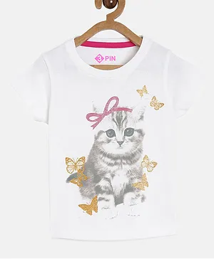 3PIN Half Sleeves Cat Printed T-Shirt  - White