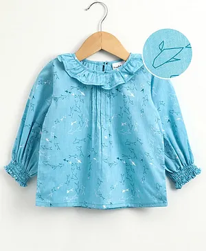 Snowflakes Origami Printed Top With Full Sleeves - Blue