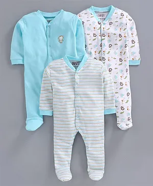 Bumzee Full Sleeves Monkey Print Pack Of 3 Sleep Suits - Blue