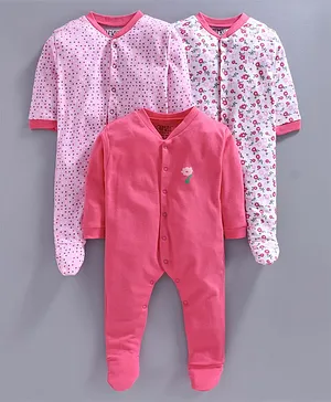 Bumzee Full Sleeves Flower & Dot Print Pack Of 3 Sleep Suit - Pink