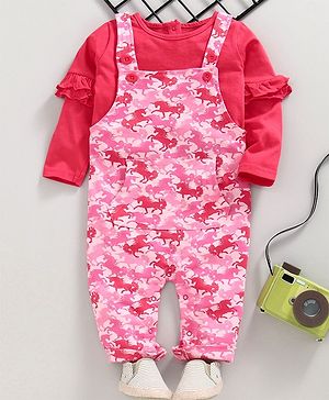 Babyhug Dungaree Style Romper with Full Sleeves Inner Tee Unicorn Print - Pink