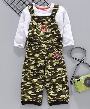 Babyhug Dungaree with Inner Tee Camouflage Print - Green Grey