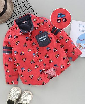 Babyhug Full Sleeves Shirt Allover Vehicle Print - Coral