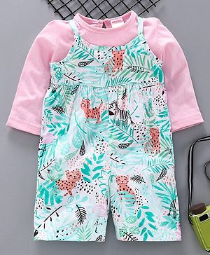Babyhug Dungaree Style Jumpsuit with Full Sleeves Inner Tee - White Pink