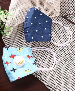 Babyhug 12 to 24 Months Printed Face Mask with Carbon Filter and Breathing Valve Light & Navy Blue - Pack of 2