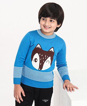 Kookie Kids Full Sleeves Pullover Sweater Fox Design - Blue