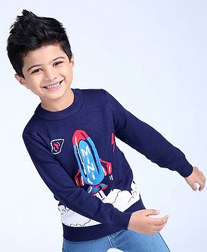 Kookie Kids Full Sleeves Sweater Rocket Print - Blue