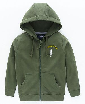 Pine Kids Full Sleeves Biowashed Hooded Sweat Jacket Green Print - Olive Green