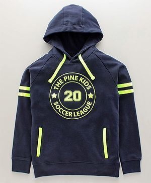 Pine Kids Full Sleeves Hooded Sweatshirt Text Print - Navy Blue