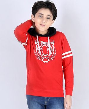 Pine Kids Full Sleeves Biowashed Hooded Sweatshirt Tiger Print - Red