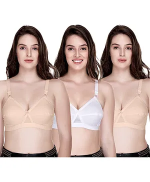 Sona Pack Of Three Cross Fit Skin Friendly Plus Size Full Coverage Non Padded Center Cross Belt Bra - Beige White