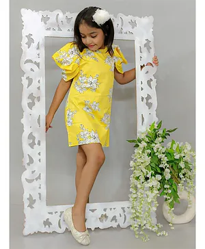 KIDSDEW Floral Printed Bouncy Half Sleeves Dress & Matching Mask - Yellow