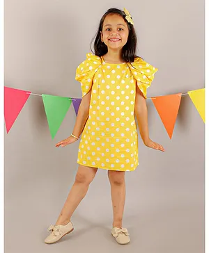 KIDSDEW Polka Dots Print Bouncy Half Sleeves Dress & Matching Mask - Yellow