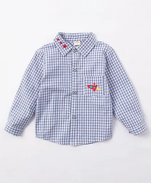 Kookie Kids Full Sleeves Checks Shirt Rocket Embroidery - Blue