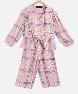 Pspeaches Full Sleeves Checked Flared Hem Wrap Top & Trousers Set - Pink