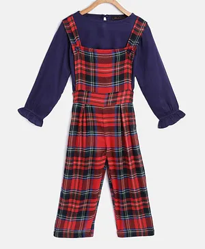 Pspeaches Full Sleeves Puffed Solid Color Top With Checked Dungaree Set  - Red & Blue