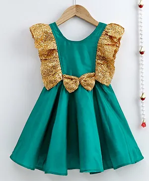 BownBee Sleeveless Frilly Sequined Bow Fit & Flared Party Dress - Green