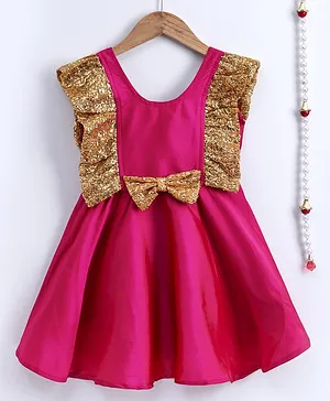 BownBee Sleeveless Frilly Sequined Bow Fit & Flared Party Dress - Pink