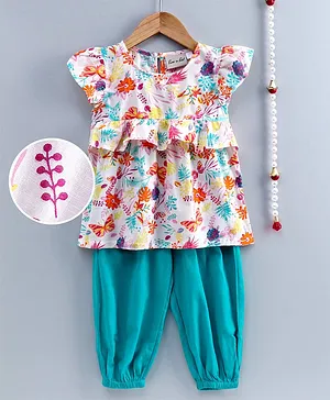 BownBee Ruffle Short Sleeves Flowers Printed Top With Pant Set - Blue & White