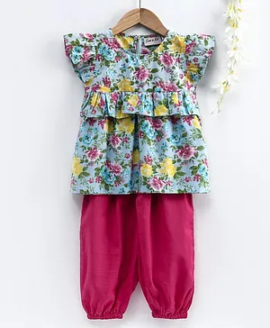 BownBee Ruffle Short Sleeves Flowers Printed Top With Pant - Blue & Pink