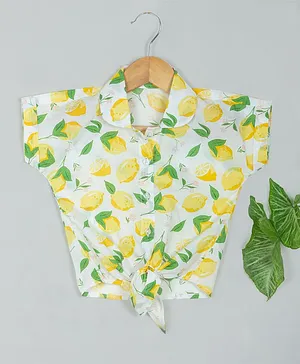 Tangerine Closet Short Sleeves Front Knot Lemon Print Top - Cream  &Yellow