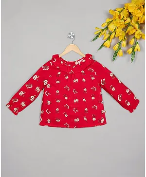 Budding Bees Full Sleeves Flowers Printed Ruffled Top   - Red