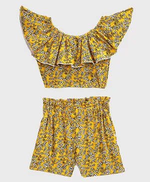 KIDSCRAFT Half Sleeves Floral Print Off Shoulder Top With Shorts - Yellow