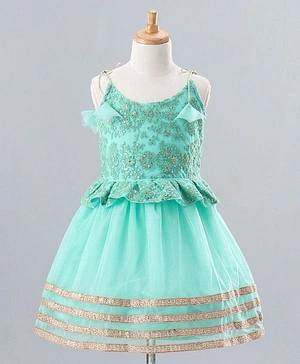 Babyhug Sleeveless Shimmer Ethnic Dress Floral Embroidery - Sky Blue
