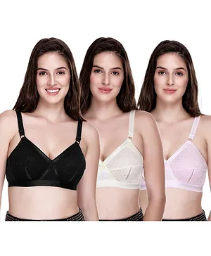 Sona Pack Of 3 Plus Size Cotton Full Coverage Non Wired, Non Padded Bra - Multi Color