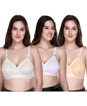 Sona Plus Size Full Coverage Non Wired & Non Padded Pack Of Three Bra - White Off White Yellow