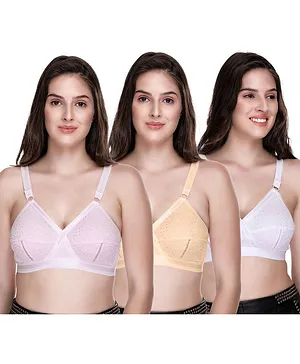 Sona Pack Of Three Plus Size Full Coverage Non Wired & Non Padded Bra - Light Pink Yellow White