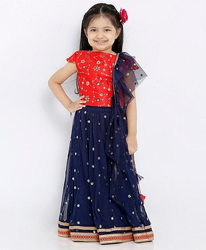 Babyhug Cap Sleeves Choli and Embroidered Ghagra with Net Dupatta - Red Navy Blue