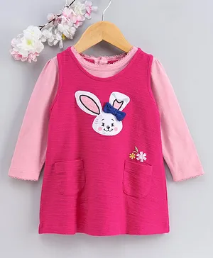 Babyhug Knee Length Winter Frock With Inner T-Shirt Bunny Print - Pink