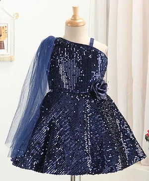 Enfance Sleeveless Sequin Detailed & Rose Applique Fit & Flared Dress - Blue