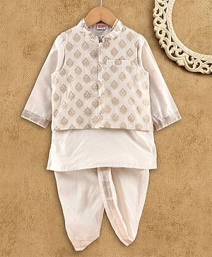 Babyhug Full Sleeves Kurta, Dhoti & Waistcoat - Ivory Gold
